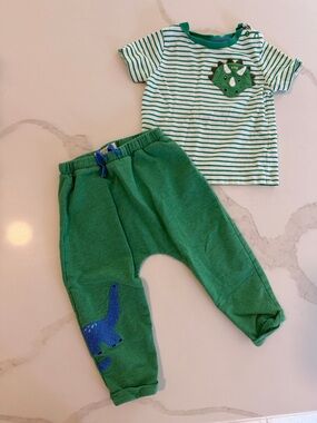 Baby Boden Green Stripe Dino Tee & Green Joggers Set
